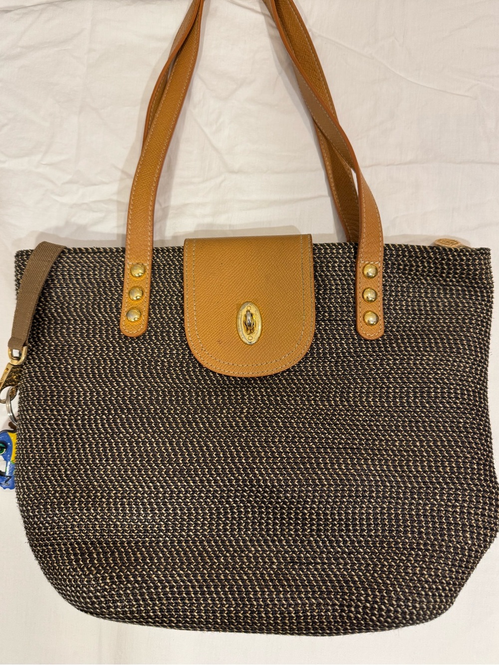 Eric Javits Brown Woven Tote with Tan Leather Trim and Gold Hardware